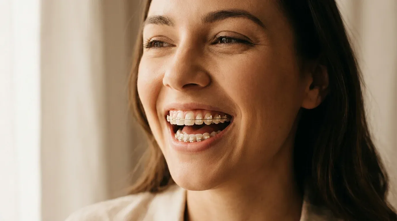 Young woman laughing openly, wearing fixed braces with ceramic brackets