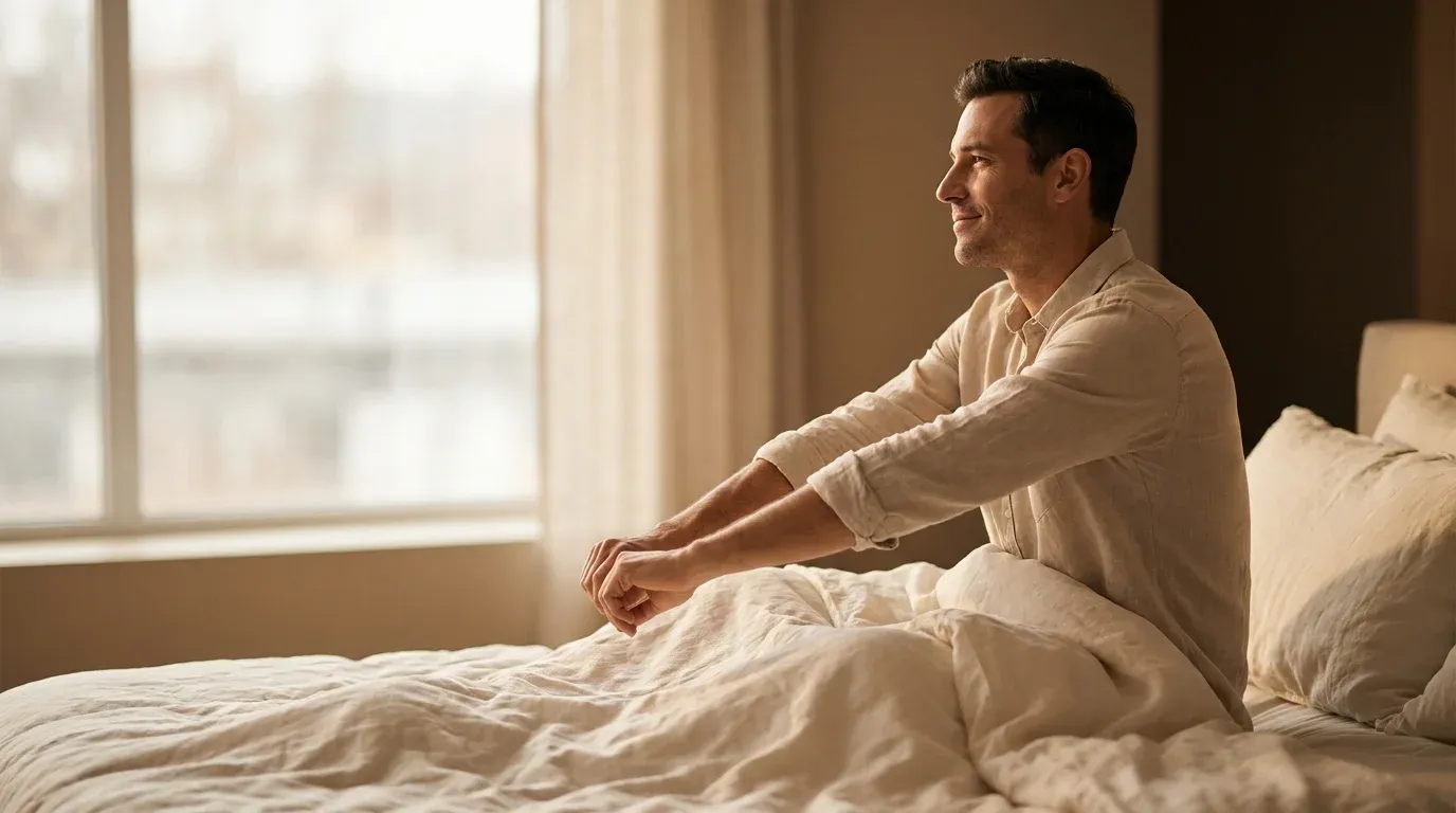 Well-rested man sitting on the edge of his bed in morning light, stretching